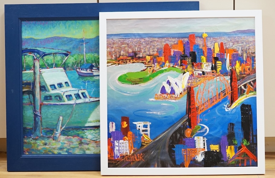 Des Spencer (Australian b.1963), overpainted and embellished giclee print on canvas, Sydney Opera House, together with Edwards, Moored boats in creek, signed and dated 2001, largest 48 x 59cm. Condition - good
